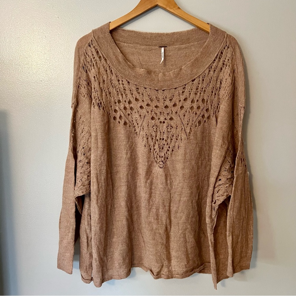 Free People Taupe Open-Knit Scoop Neck Sweater